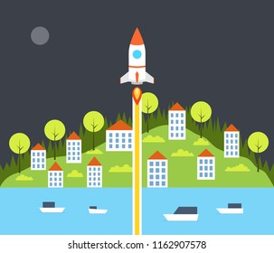 Rocket launch. Startup project concept. Clouds and town on background. Vector illustration.