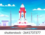 Rocket launch station. Satellite start up to space, spaceship development shuttle take off aerospace pad control cosmic expedition mission rocketship, swanky vector illustration original artwork