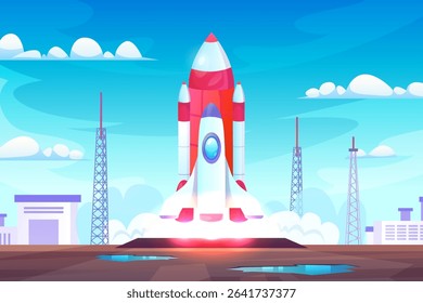 Rocket launch station. Satellite start up to space, spaceship development shuttle take off aerospace pad control cosmic expedition mission rocketship, swanky vector illustration original artwork