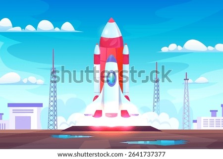 Rocket launch station. Satellite start up to space, spaceship development shuttle take off aerospace pad control cosmic expedition mission rocketship, swanky vector illustration original artwork