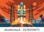 Rocket launch station. Spaceship take off aerospace pad, satellite start up to space development shuttle control cosmic expedition mission rocketship, kicky vector illustration