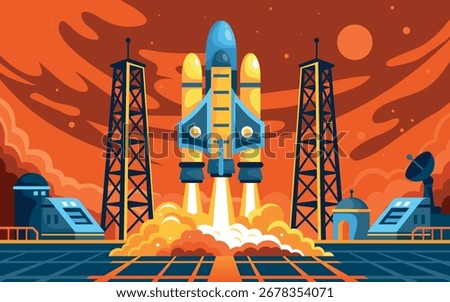 Rocket launch station. Spaceship take off aerospace pad, satellite start up to space development shuttle control cosmic expedition mission rocketship, kicky vector illustration