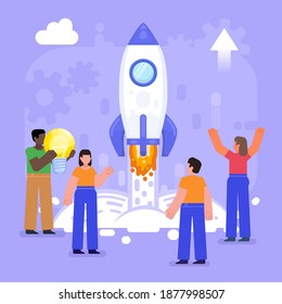 Rocket launch as symbol of new business or startup. Group of people stand near rocket take off. Modern vector illustration