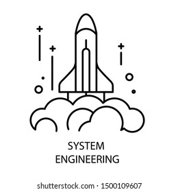 Rocket launch and system engineering isolated outline icon vector. Draft or sketch, spaceship start, construction and space technologies emblem or logo. Internal mechanism project or plan, science