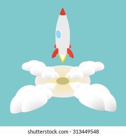 Rocket launch take off with smoke, 3D isometric illustration.
