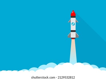 Rocket launch take off travel to space on blue background flat vector cartoon design.