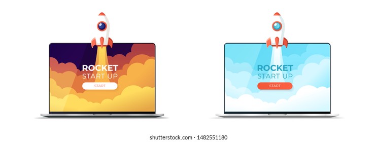 Rocket launch takes off from the laptop screen. In the sky flying over clouds. Space ship in smoke clouds. Business concept. Start up template. Horizontal background. Flat style vector illustration.