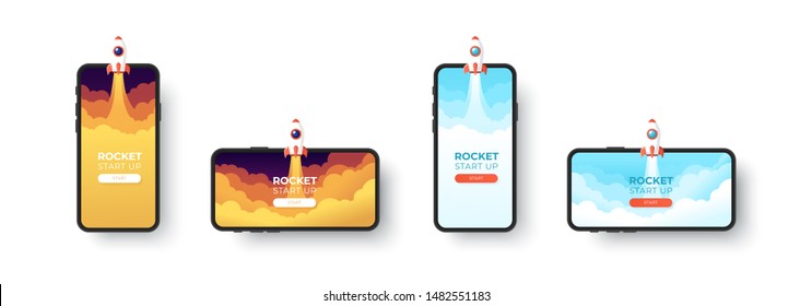 Rocket launch takes off from the phone screen. In the sky flying over clouds. Space ship in smoke clouds. Business concept. Start up template. Horizontal background. Flat style vector illustration.