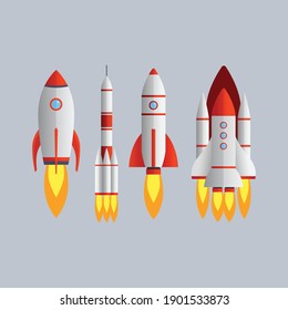 Rocket launch technology with isolated images of space mission vector illustration