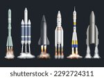 Rocket launch template. Smoke fire and flame spaceship startup decent vector realistic set