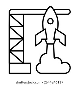 Rocket launch thin line icon, cosmos concept. Vector graphics. Orbital space rocket, spaceship flight start sign on white background, style mobile or design