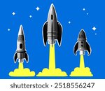 Rocket launch. Three halftone rocket ships take off. Success concept. Modern collage. Starting a business. Startup idea. Creating new ideas