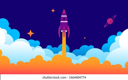 Rocket launch through the clouds into open space. Space exploration. Vector graphics.