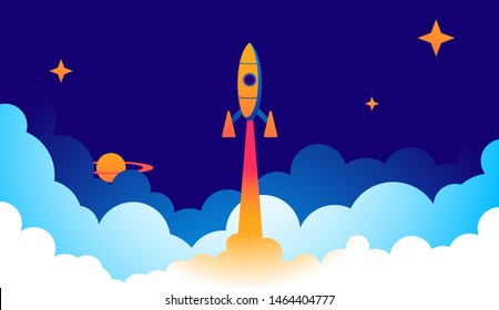 Rocket launch through the clouds into open space. Space exploration. Vector graphics.