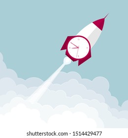 Rocket launch time. Isolated on blue background.