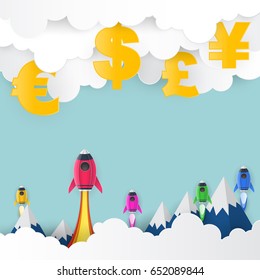Rocket launch to US Dollar, Euro, Great Britain Pound, Japanese Yen , paper art style ,business concept and idea. vector illustration. 