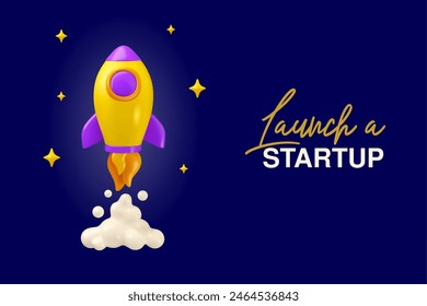 Rocket launch vector 3d banner on dark background. Cartoon space ship illustration, startup or innovation concept. Creative business boost idea