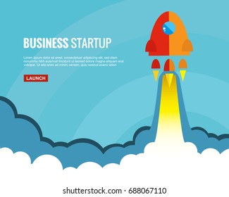 Rocket launch vector illustration. Concept of successful business start or new innovation product launch. Start up template in flat style. Startup symbol with space for text