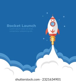 Rocket launch. Vector illustration of a rocket flying above the clouds. Business and technology startup concept designed in flat and minimalistic cartoon style.