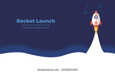 Rocket launch. Vector illustration of a rocket flying above the clouds. Business and technology startup concept designed in flat and minimalistic cartoon style.