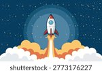Rocket Launch Vector Illustration in Space with Stars and Clouds, Flat Cartoon Style