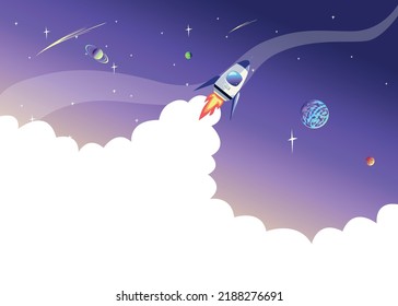 Rocket launch. Vector illustration of space travel and research. Project launch. Background illustration in cartoon style.