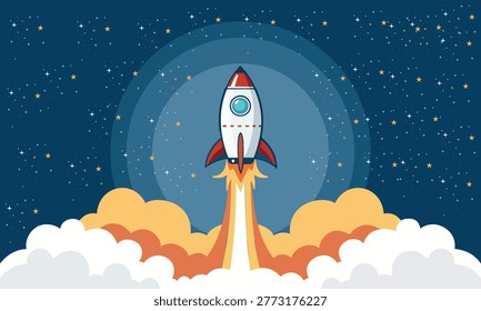 Rocket Launch Vector Illustration in Space with Stars and Clouds, Flat Cartoon Style