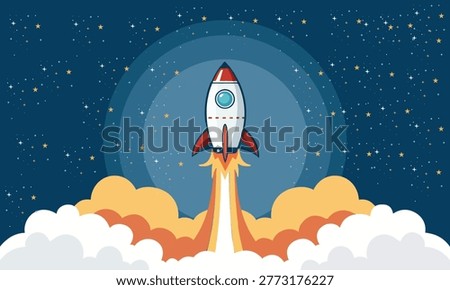 Rocket Launch Vector Illustration in Space with Stars and Clouds, Flat Cartoon Style