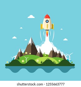 Rocket Launch with Vector Landscape on Background