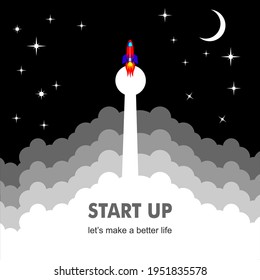 Rocket launch vector, at night with stars and moon, isolated on black background.