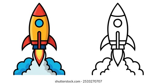 Rocket Launch Vector Outline Coloring Page For Kids