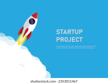 Rocket launch vector ship begin challenge startup. Start project rocket launch flat concept. Landing page. Mobile app, web banner
