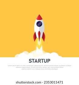 Rocket launch vector ship begin challenge startup. Start project rocket launch flat concept. Landing page. Mobile app, web banner
