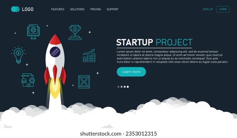 Rocket launch vector ship begin challenge startup. Start project rocket launch flat concept. Landing page. Mobile app, web banner