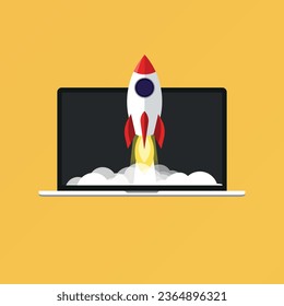Rocket launch vector ship begin challenge startup. Start project rocket launch flat concept. Landing page. Mobile app, web banner