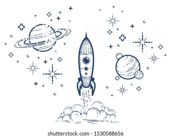 Rocket launch vector simple linear icon, missile start up business line art illustration, space technology and science, science fiction literature sign.