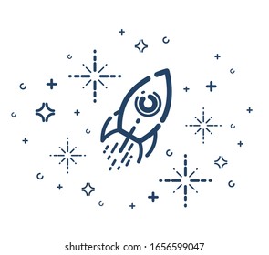 Rocket launch vector simple linear icon, missile start up business line art illustration, space technology and science, science fiction literature sign.