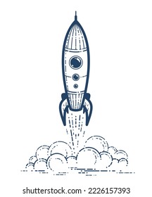 Rocket launch vector simple linear icon, missile start up business line art symbol, space technology and science, science fiction literature sign.
