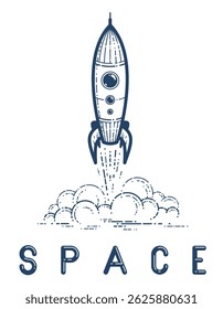 Rocket launch vector simple linear icon, missile start up business line art symbol, space technology and science, science fiction literature sign.