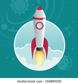 Rocket launch vector symbol icon. Outer space and air transport.