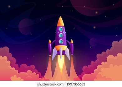 Rocket launch vehicle with engine in purple sky cartoon background. Vector starship with booster, space shuttle turbo rocket. Cosmic rocketship, in universe atmosphere, planets in outer-space