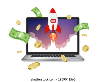 Rocket launch website computer concept vector illustration. Business start rocket launch  eps 10