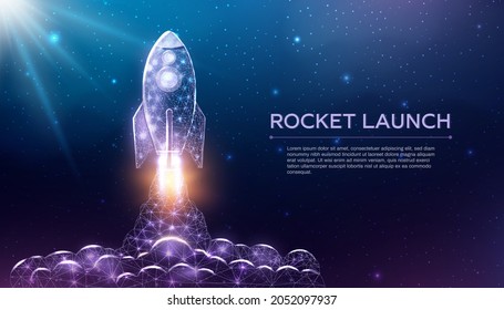 Rocket launch, wireframe polygonal style. Internet technology network, business startup concept with glowing low poly rocket. Futuristic modern abstract background. Vector illustration.