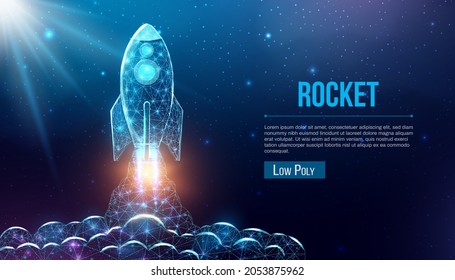 Rocket launch, wireframe polygonal style. Internet technology network, business startup concept with glowing low poly rocket. Futuristic modern abstract background. Vector illustration.