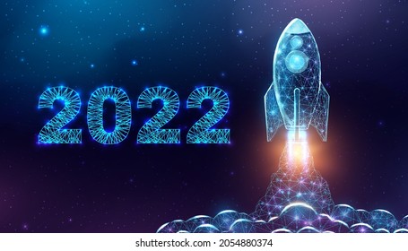 Rocket launch, wireframe polygonal style. 2022 start concept with glowing low poly rocket. Futuristic modern abstract background. Vector illustration.
