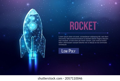 Rocket launch, wireframe polygonal style. Internet technology network, business startup concept with glowing low poly rocket. Futuristic modern abstract background. Vector illustration.