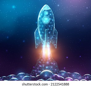 Rocket launch, wireframe polygonal style. Internet technology network, business startup concept with glowing low poly rocket. Futuristic modern abstract background. Vector illustration.