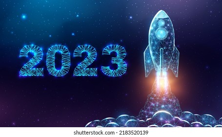 Rocket launch, wireframe polygonal style. 2023 start concept with glowing low poly rocket. Futuristic modern abstract background. Vector illustration.
