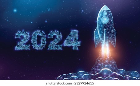 Rocket launch, wireframe polygonal style. 2024 start concept with glowing low poly rocket. Futuristic modern abstract background. Vector illustration.