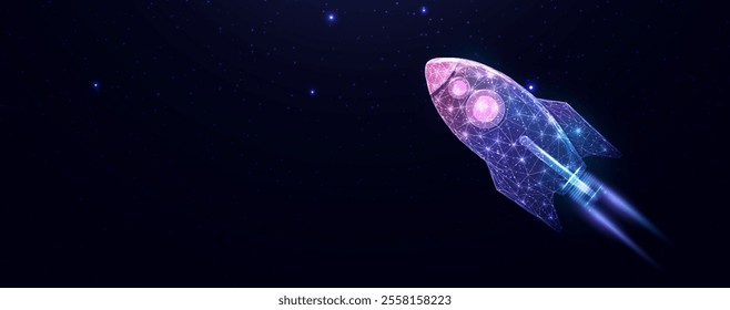 Rocket launch, wireframe polygonal style. Internet technology network, business startup concept with glowing low poly rocket. Futuristic modern abstract background. Vector illustration.